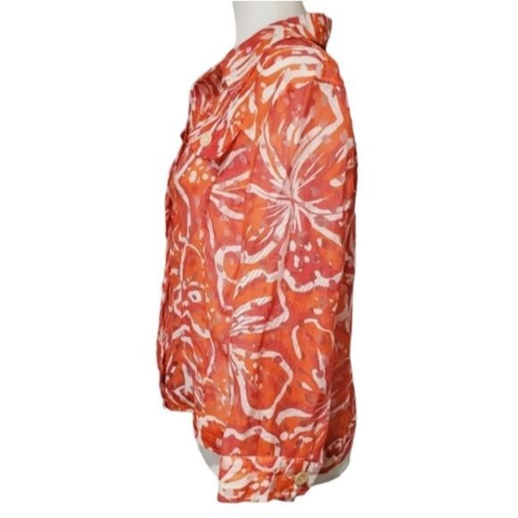 Linear Tropical Print Top Button Down Long Sleeve Sheer Blazer Size Md - Picture 2 of 9